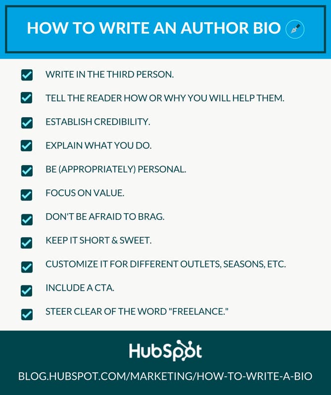 SEO trends, author authority - ̽ѡ checklist for writing an author bio. List items: Write in third person, tell the reader how or why you will help them, establish credibility, explain what you do, be (appropriately) personal, focus on value, dont be afraid to brag, keep it short and sweet, customize it for different outlets, seasons, etc., include a CTA, and steer clear of the word freelance.