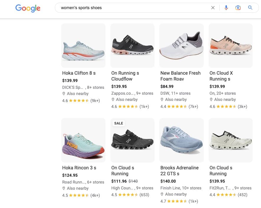 SEO trends, product SEO - Amazon page for womens sports shoes search.