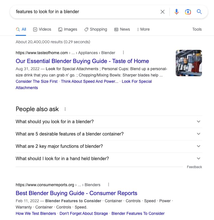 SEO trends, search intent - Google SERP for features to look for in a blender.