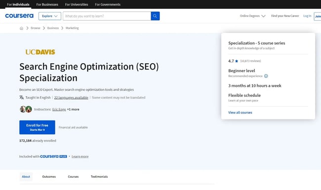 Image of UC Davis SEO specialization course