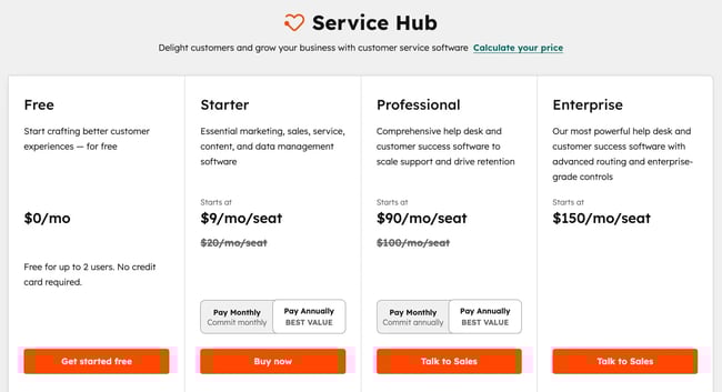 service hub csm platform pricing table, showing free, starter, professional, and enterprise plans with monthly costs and features.