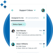 Support inbox interface displaying active conversations with the subjects 