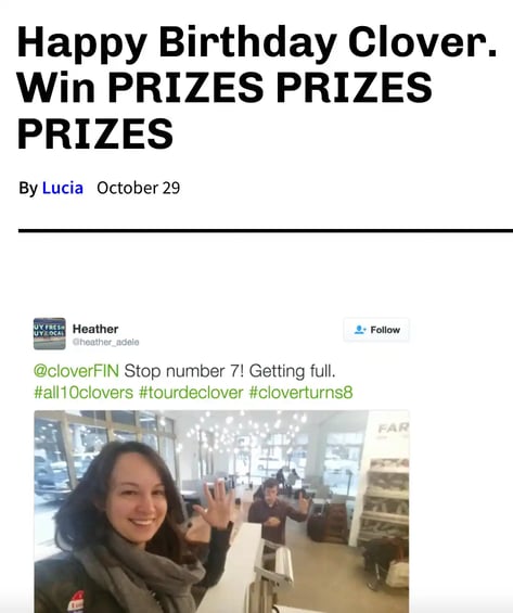 principles of service design: provide moments of delight like Clover Food Lab with celebratory prizes