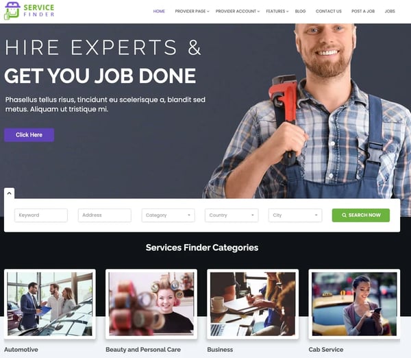 example service finder wordpress theme homepage with category listings button and search module