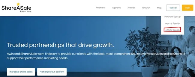shareasale: image shows the shareasale homepage and where you can sign up for the affiliate network 