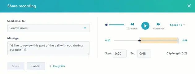 sharing feature in HubSpot’s call recording software
