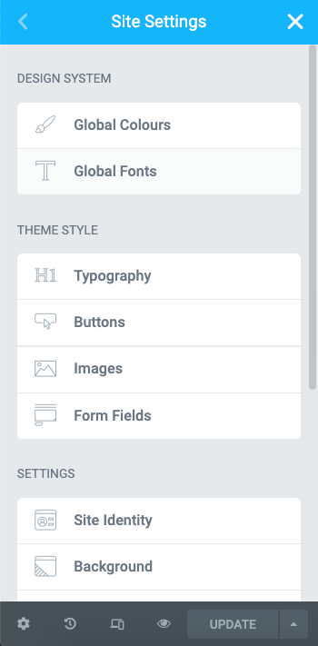 elementor wordpress: How to use Elementor with WordPress  site settings menu in elementor dashboard includes options for design system, theme style, and settings