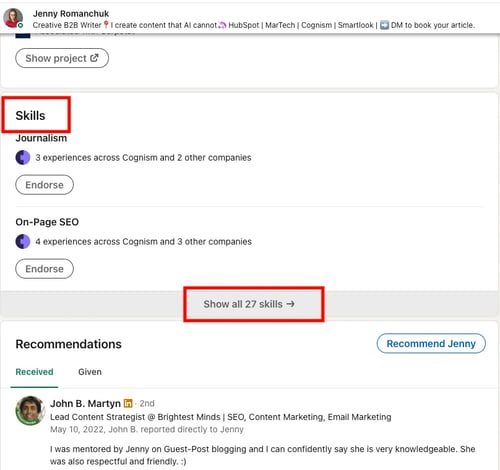 Example of theskills section on a LinkedIn profile that can receive endorsements.