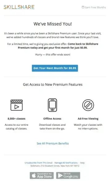 skillshare reengagement onboarding email example