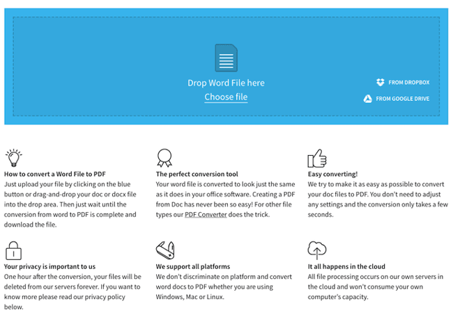 Homepage of Smallpdf for converting a PDF to a Word document