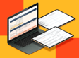A laptop displaying a form with highlighted sections, accompanied by two tablets showing detailed data analysis and notes, set against a bright orange and yellow background.