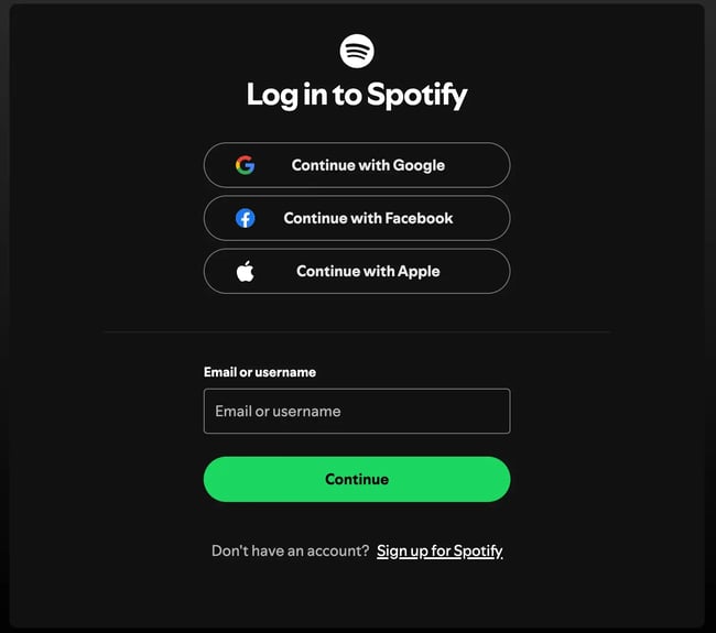 social login form example, spotify