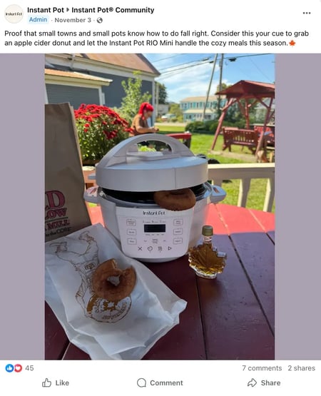 social media content types, instant pot’s community content on facebook with recipe for apple cider donuts