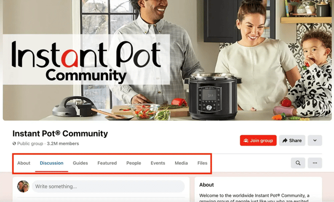 social media formats, private forums example instant pot facebook group