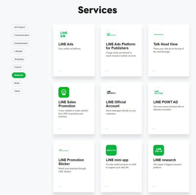 social media messaging, screenshot shows available business features within the social media messaging app, line.