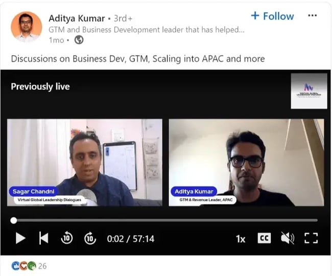 Aditya Kumars LinkedIn video discussing business development.