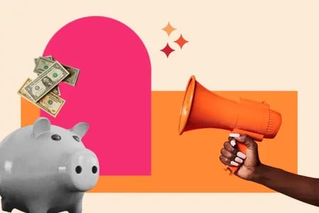social media budget represented by a piggy bank with money falling into it and a hand holding a megaphone