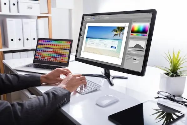 Social media community manager works as a content creator by preparing a photo for a social media post