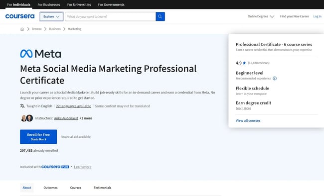 Image of Metas social media marketing professional certification course