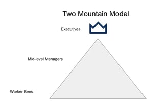 solution selling two mountain model example from Jamal Reimer with decision executives and mid-level managers at the top and reps at the bottom.