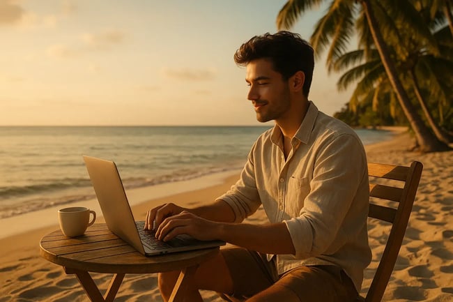 sora ai image maker, young professional at the beach generated by ai