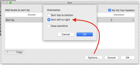 Option to Sort by left to right in Excel