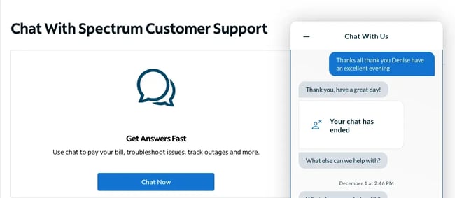 spectrum customer support example with live chat