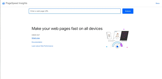 website speed optimization: google pagespeed insights homepage with url input field and analyze button