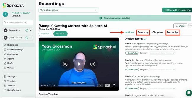 spinach ais meeting recording, summary, and action items