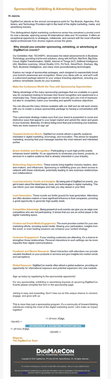 sponsorship email example from digimarcon, focused on sponsorship of their events