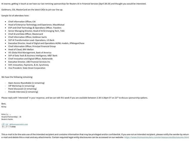 sponsorship email example from thomson reuters, offering sponsorship of an upcoming financial ai services event