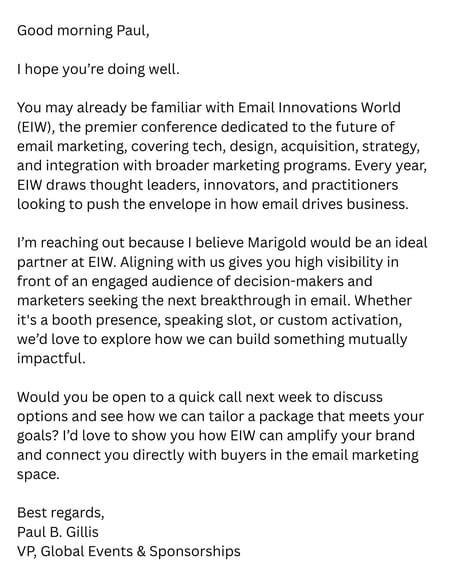sponsorship email example, email from Email Innovations World, highlight sponsorship opportunities