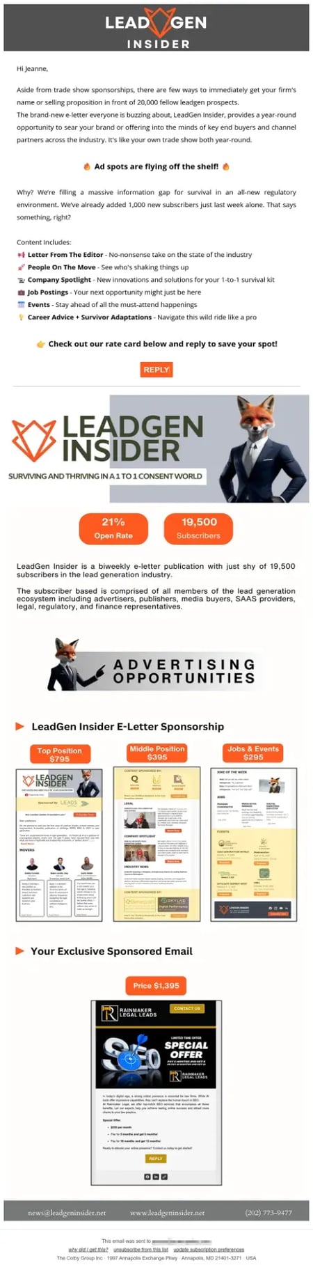 sponsorship email example, email from LeadGen Insider offering newsletter sponsorships