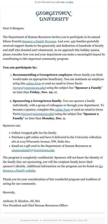 sponsorship email example, email from georgetown university asking members of the community to sponsor a family