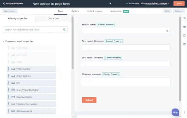 sponsorship form builder, hubspot