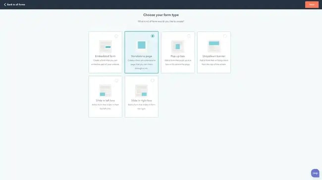 sponsorship form template, step two in hubspot select form type