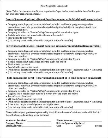 sponsorship form template, tiered sponsorship form example
