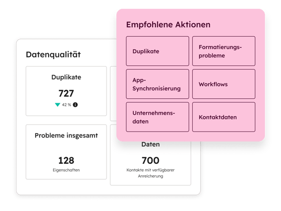 HubSpot Smart CRM Dashboard mit Datenqualitäts-Übersicht: Duplikate, Formatierungsprobleme und empfohlene Aktionen zur automatischen Datenanreicherung