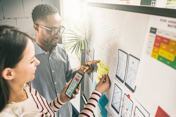 team building a startup marketing strategy on a whiteboard