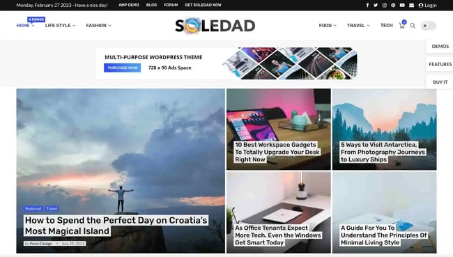 The Soledad WordPress theme features a sticky menu