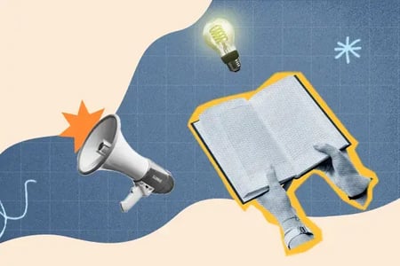 Story curve graphic including an open book, lightbulb for ideas, and bullhorn for amplifying a message
