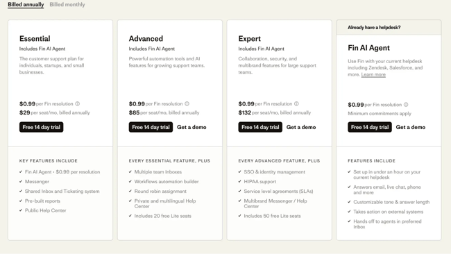 subscription plans for customer success management tools from intercom. essential, advanced, expert, and fin ai agent, with features and pricing.