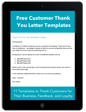 Tablet displaying a customer thank you letter template, highlighting the welcome message, benefits of partnership, and instructions for future communication.