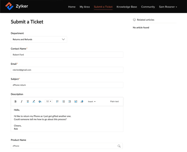 support ticket submission form with fields for department, contact details, subject, and issue description, customer portal builder