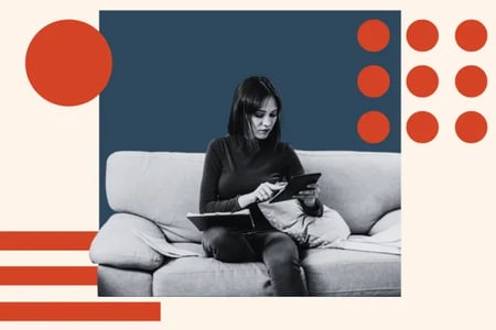 person sitting on couch looking at tablet calculating their survey response rate