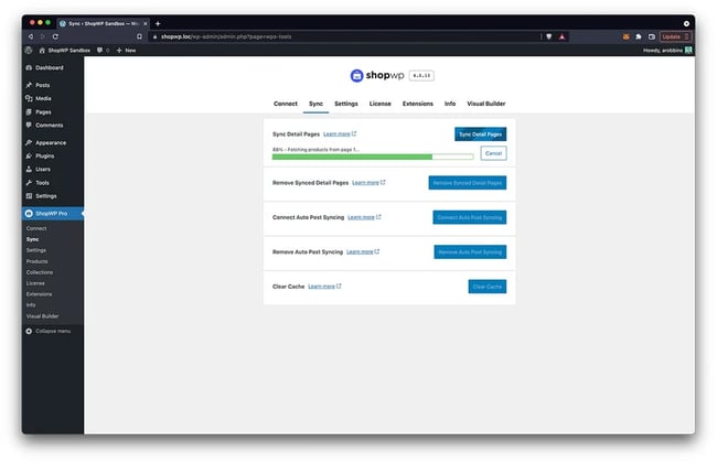 syncing Shopify store to WordPress in admin dashboard via shopify plugin for wordpress