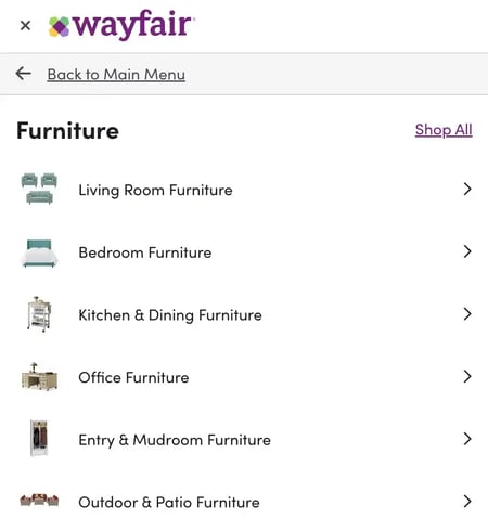 technical SEO for ecommerce: Wayfairs drop-down navigation menu is organized into many sub-categories.