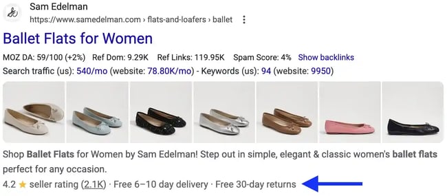 Technical SEO for ecommerce: A search engine result from the shoe brand Sam Edelman that includes a schema markup thats helpful for shoppers.