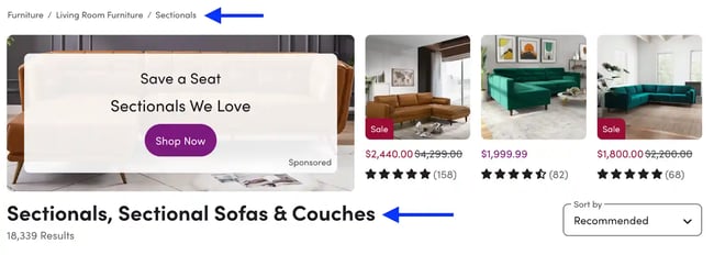 technical SEO for ecommerce: Wayfairs header for the product page for sectionals and couches. 