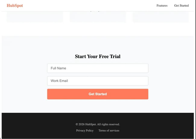 text, desktop footer section for landing page using html and css
